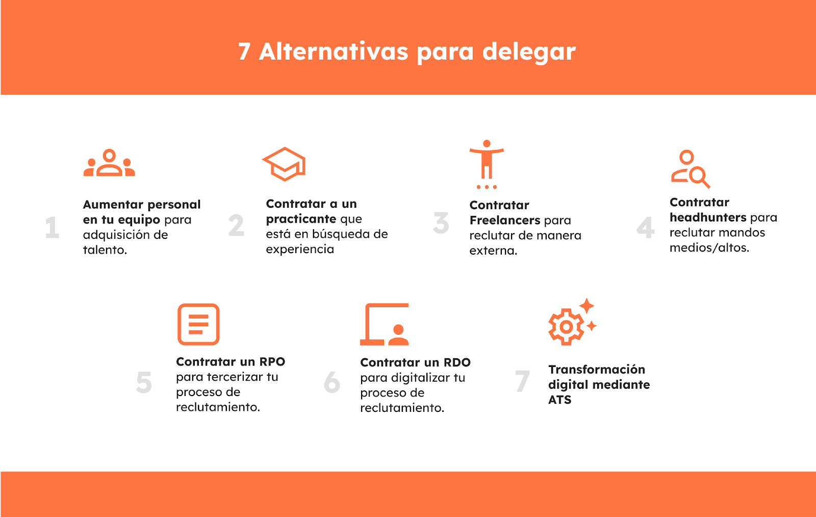 7 alternativas para delegar: aumentar el personal en tu equipo, contratar a un practicante, contrartar freelancers, contratar headhunters, contratar RPO, contratar un RDO y transformación digital mediante ATS.